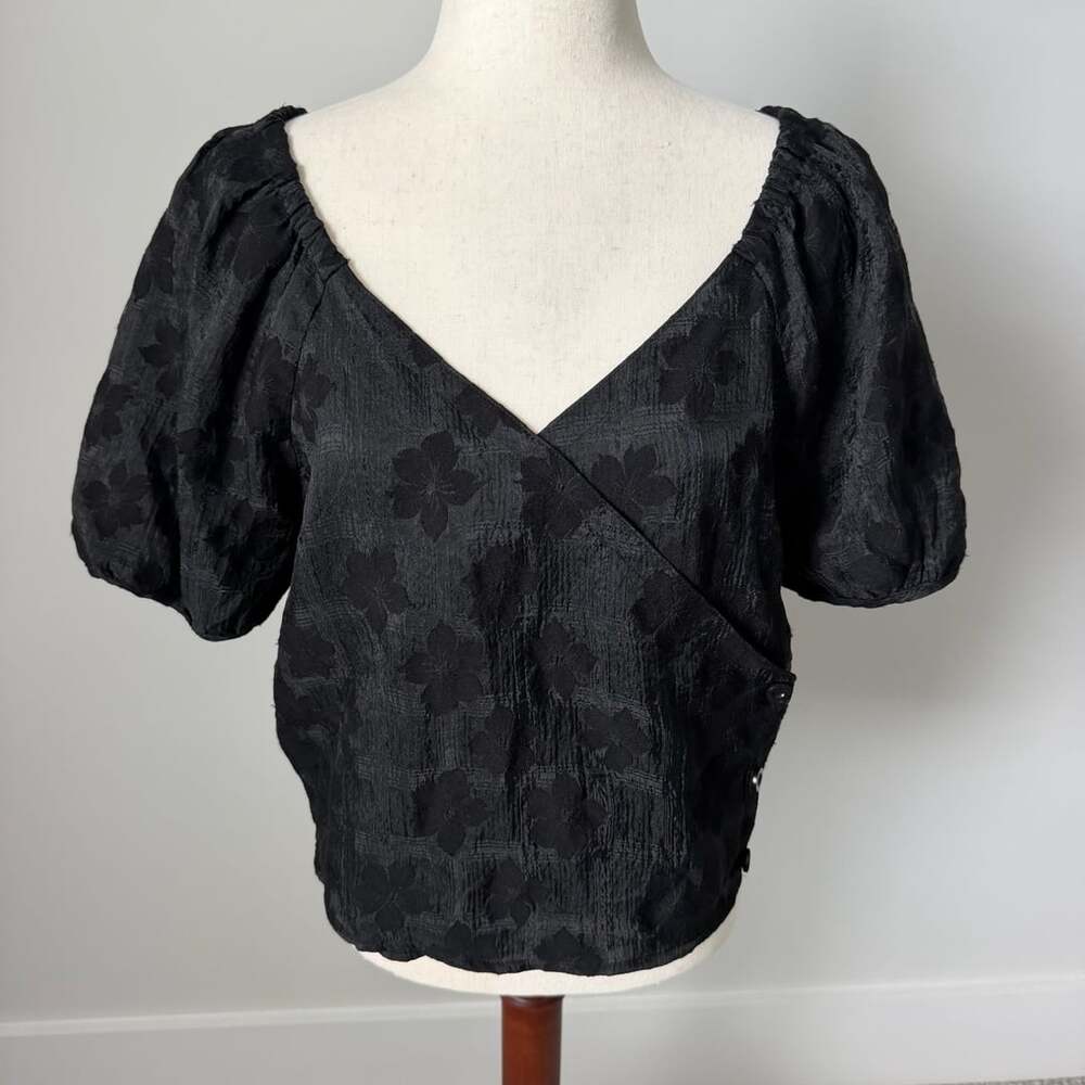 Madewell Black Jacquard-Weave Ruffle-Hem Wrap Top